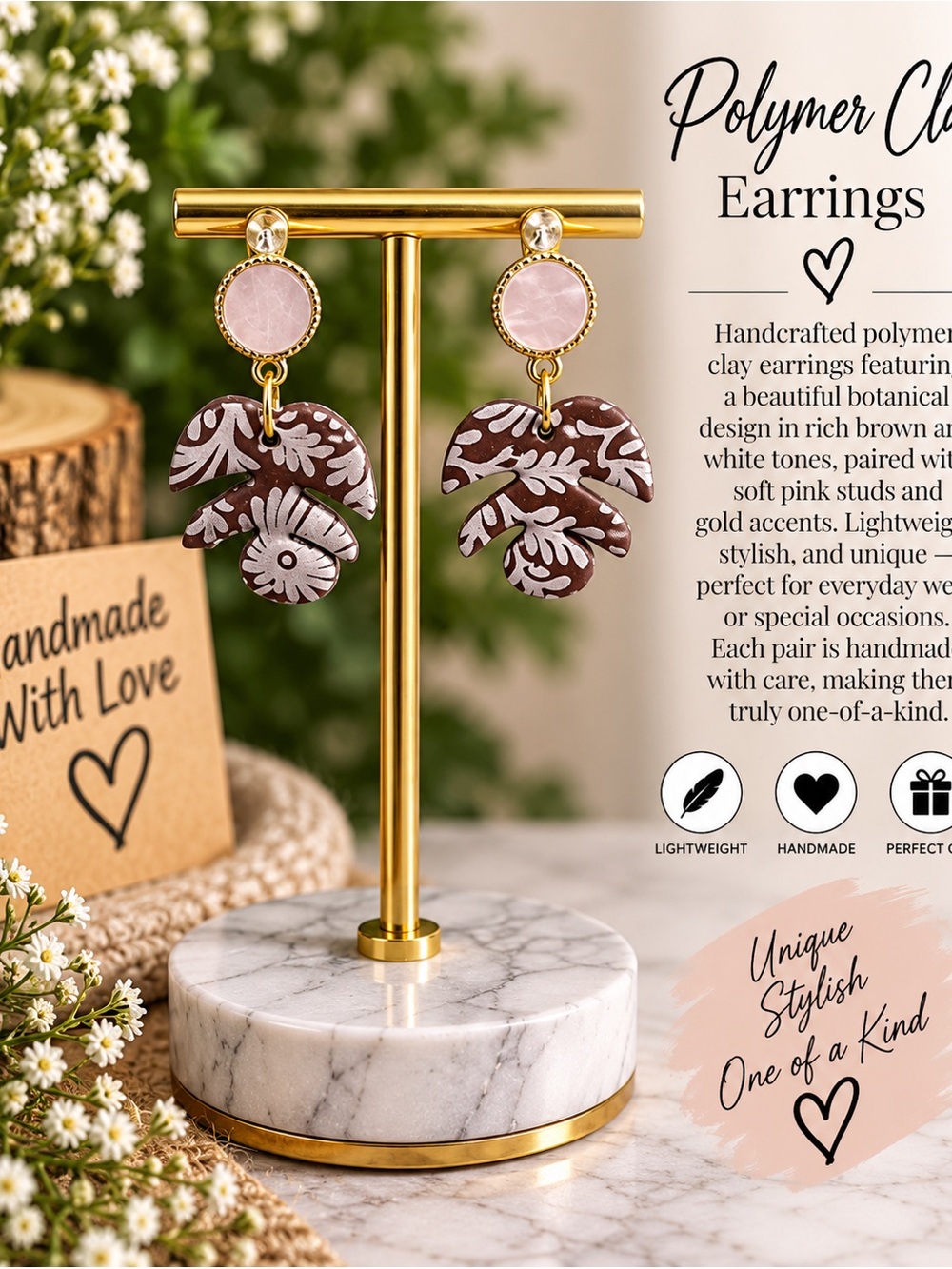 Handcrafted Pink & Brown Botanical Leaf Drop Earrings